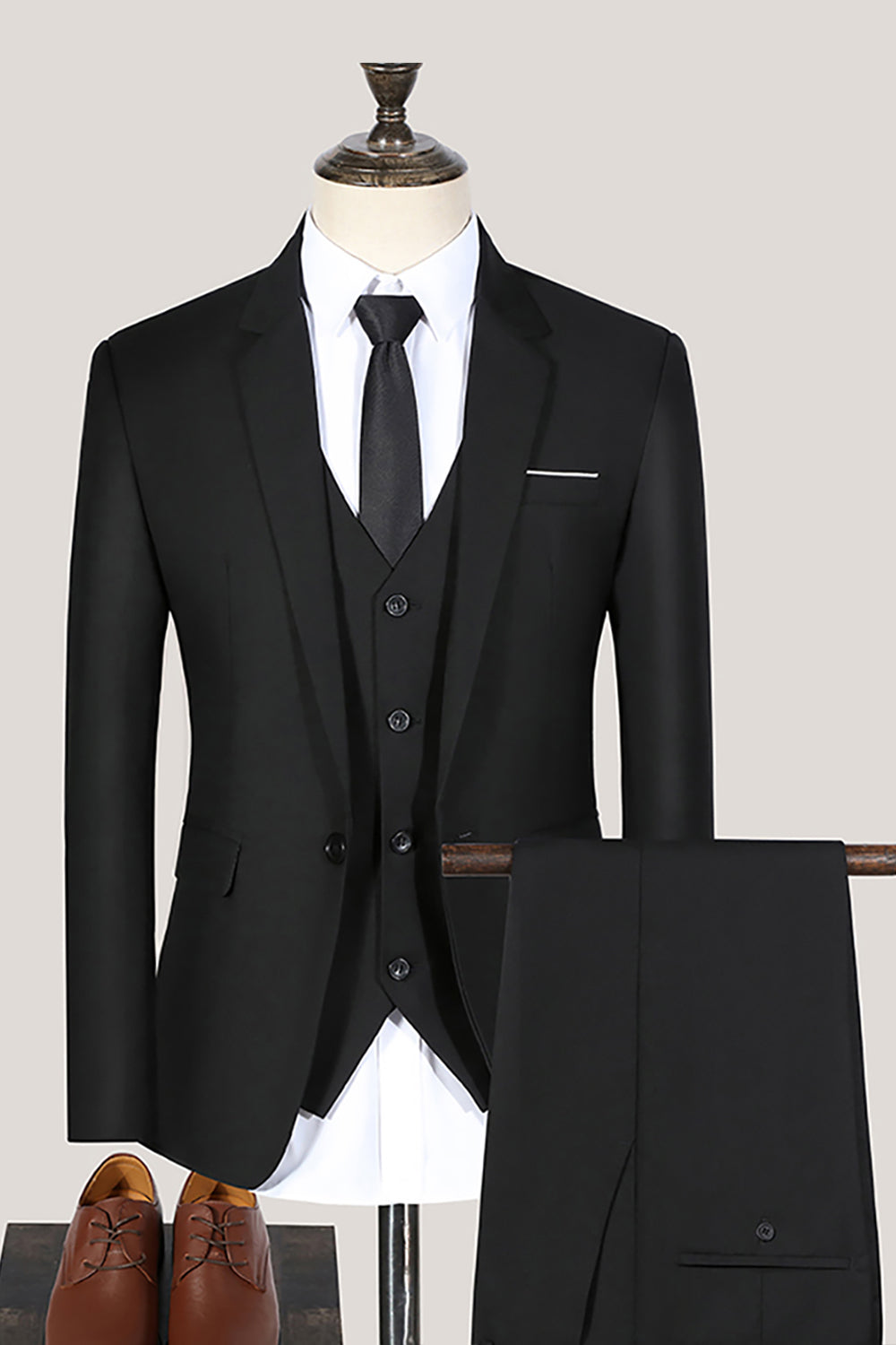 3 Piece Black Formal  Notched Lapel Solid Prom Homecoming Men's Suits