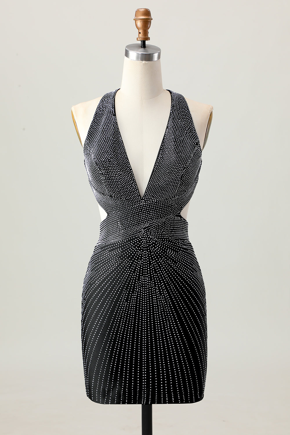 Leely Women Sparkly Black Short Homecoming Dress with Beading V-Neck Tight Cut Out Backless Cocktail Dress with Rhinestones