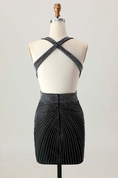 Sparkly Black V-Neck Cut Out Tight Short Homecoming Dress with Beading