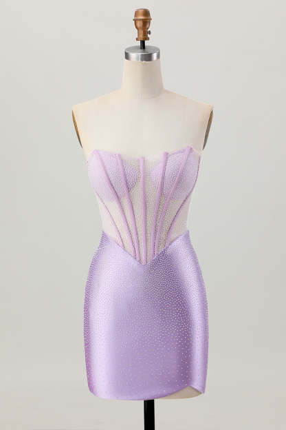 Leely Women Sparkly Lilac Corset Short Tight Homecoming Dress with Rhinestones Strapless Satin Cocktail Dress