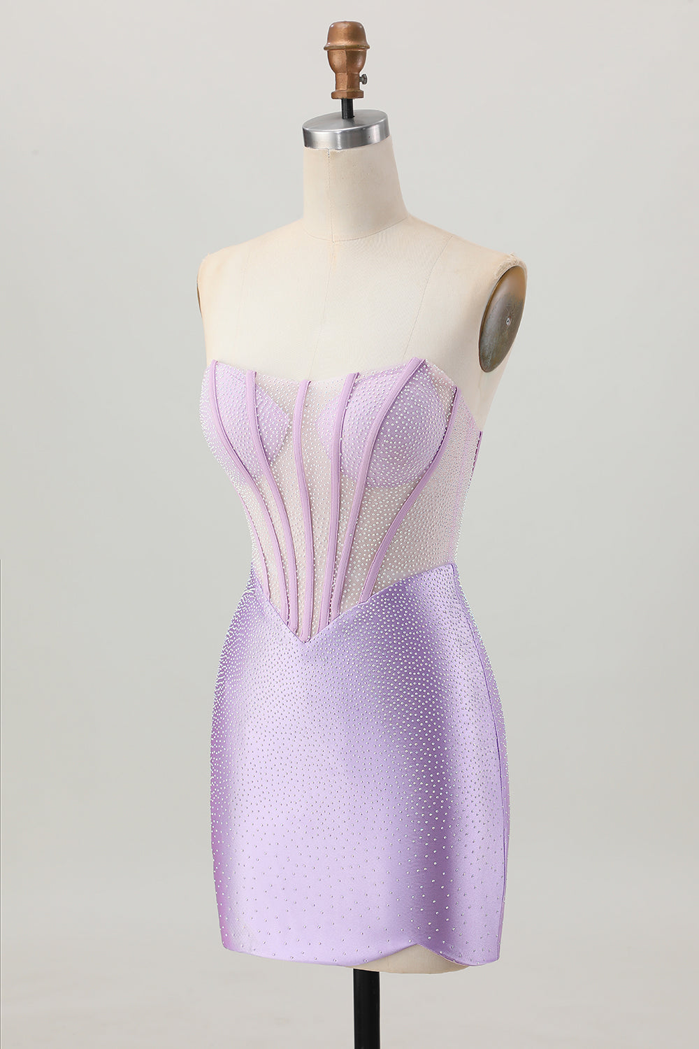 Sparkly Lilac Corset Strapless Short Tight Homecoming Dress with Rhinestones