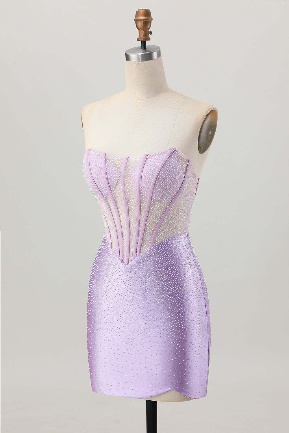 Sparkly Lilac Corset Strapless Short Tight Homecoming Dress with Rhinestones