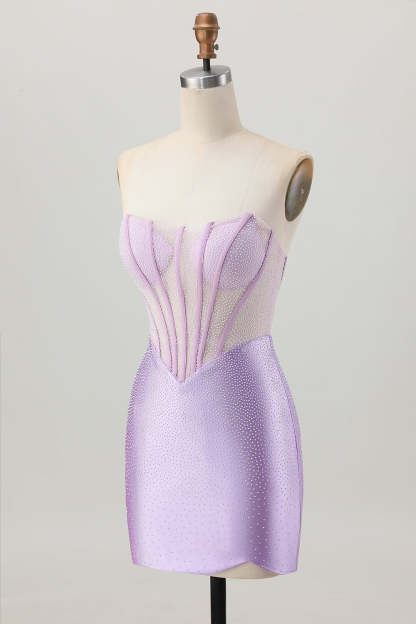 Sparkly Lilac Corset Strapless Short Tight Homecoming Dress with Rhinestones