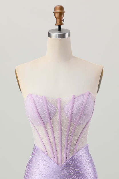 Sparkly Lilac Corset Strapless Short Tight Homecoming Dress with Rhinestones