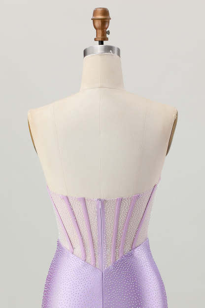 Sparkly Lilac Corset Strapless Short Tight Homecoming Dress with Rhinestones