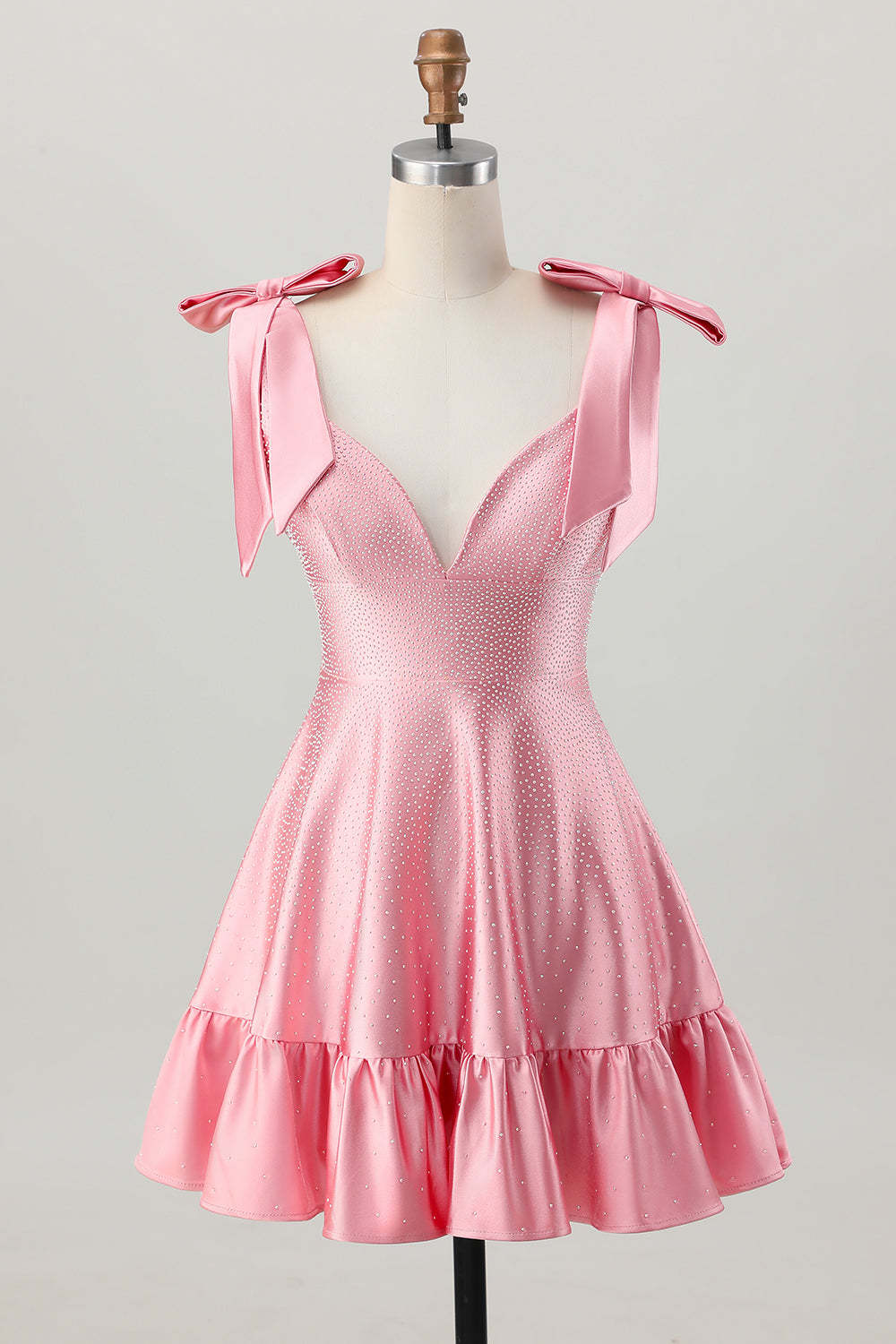 Leely Women Sparkly Blush Pink Short Beaded Homecoming Dress with Bows Satin Ruffled A Line Cocktail Dress with Rhinestones