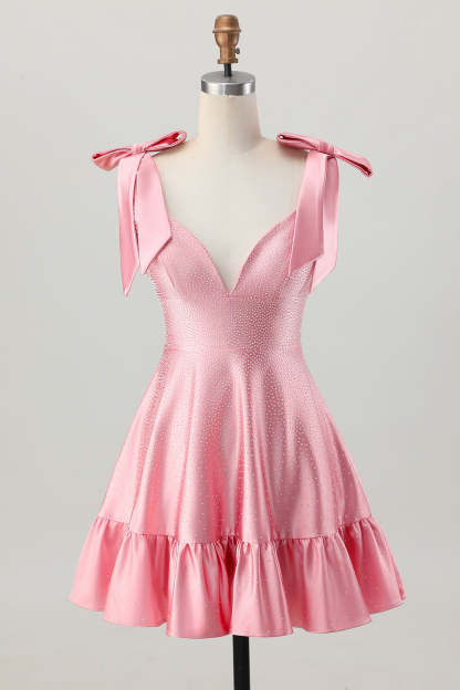 Leely Women Sparkly Blush Pink Short Beaded Homecoming Dress with Bows Satin Ruffled A Line Cocktail Dress with Rhinestones