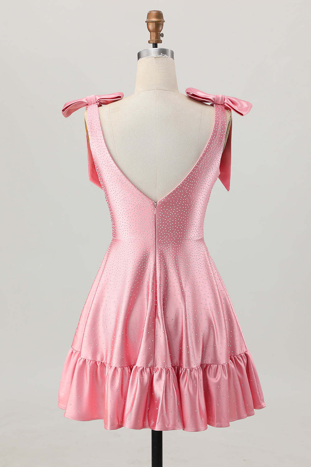Sparkly Blush Pink A Line Ruffled Satin Short Beaded Homecoming Dress with Bows