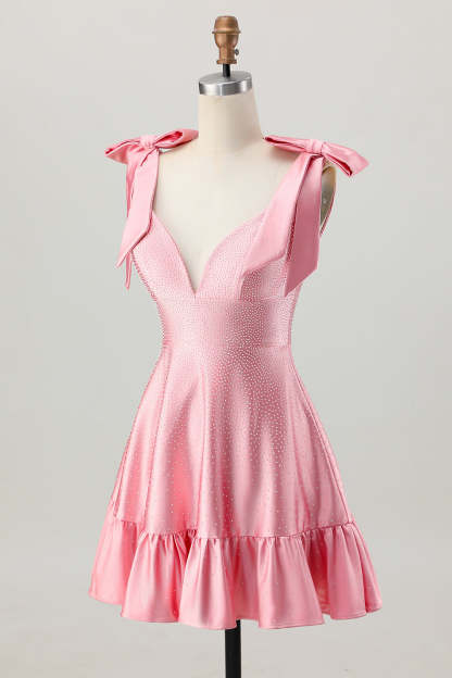 Sparkly Blush Pink A Line Ruffled Satin Short Beaded Homecoming Dress with Bows