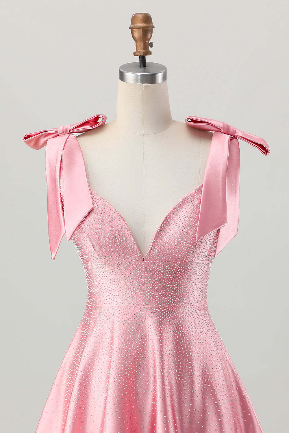 Sparkly Blush Pink A Line Ruffled Satin Short Beaded Homecoming Dress with Bows