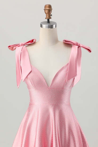 Sparkly Blush Pink A Line Ruffled Satin Short Beaded Homecoming Dress with Bows