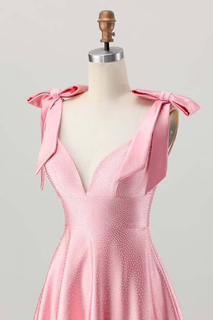 Sparkly Blush Pink A Line Ruffled Satin Short Beaded Homecoming Dress with Bows