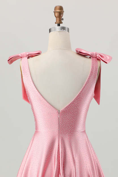 Sparkly Blush Pink A Line Ruffled Satin Short Beaded Homecoming Dress with Bows