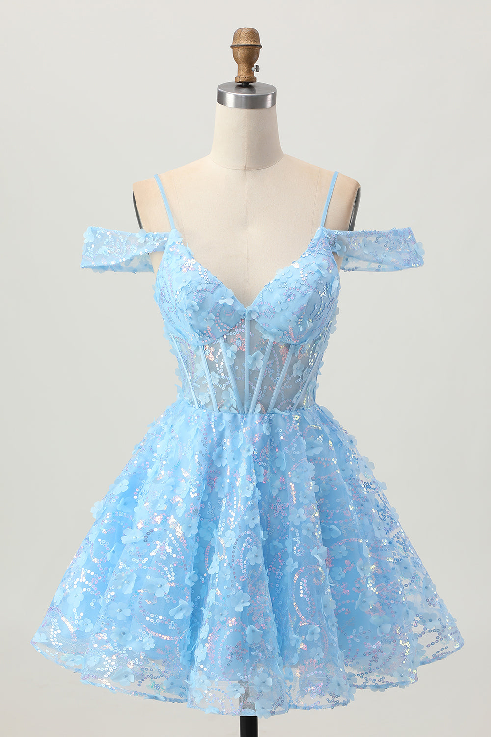 Sparkly Blue Corset Cold Shoulder A Line Short Homecoming Dress with Flowers