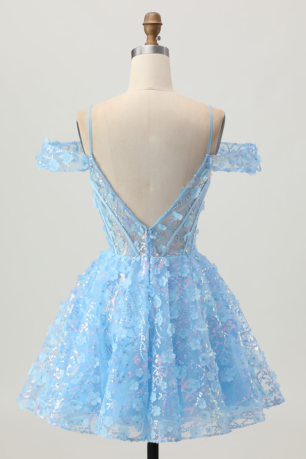 Sparkly Blue Corset Cold Shoulder A Line Short Homecoming Dress with Flowers