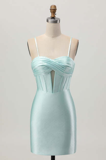 Leely Women Light Green Corset Tight Stain Short Homecoming Dress with Beading Spaghetti Straps Keyhole Lace Up Back Cocktail Dress