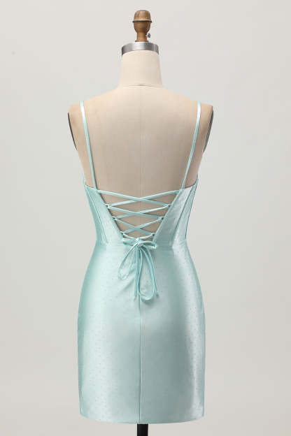 Light Green Corset Tight Stain Spaghetti Straps Short Homecoming Dress with Beading