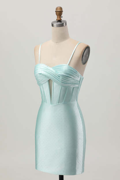 Light Green Corset Tight Stain Spaghetti Straps Short Homecoming Dress with Beading