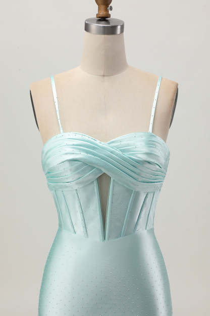 Light Green Corset Tight Stain Spaghetti Straps Short Homecoming Dress with Beading