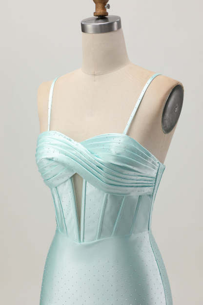 Light Green Corset Tight Stain Spaghetti Straps Short Homecoming Dress with Beading