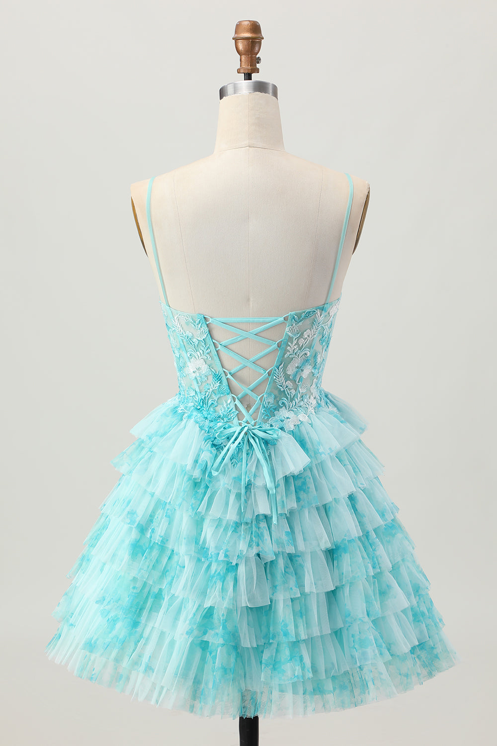 Blue Green Corset Tiered Spaghetti Straps Floral Short Homecoming Dress with Ruffles