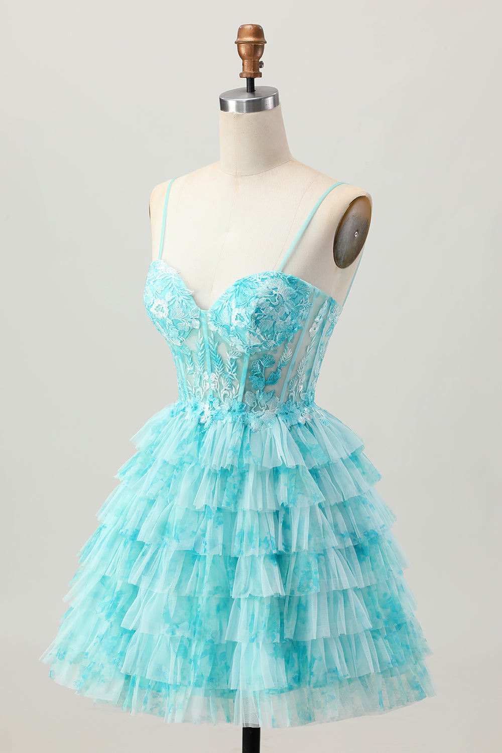 Blue Green Corset Tiered Spaghetti Straps Floral Short Homecoming Dress with Ruffles