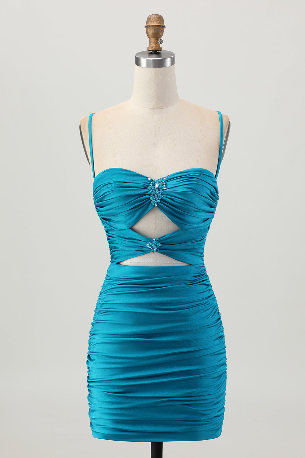 Blue Ruched Tight Spaghetti Straps Keyhole Short Homecoming Dress