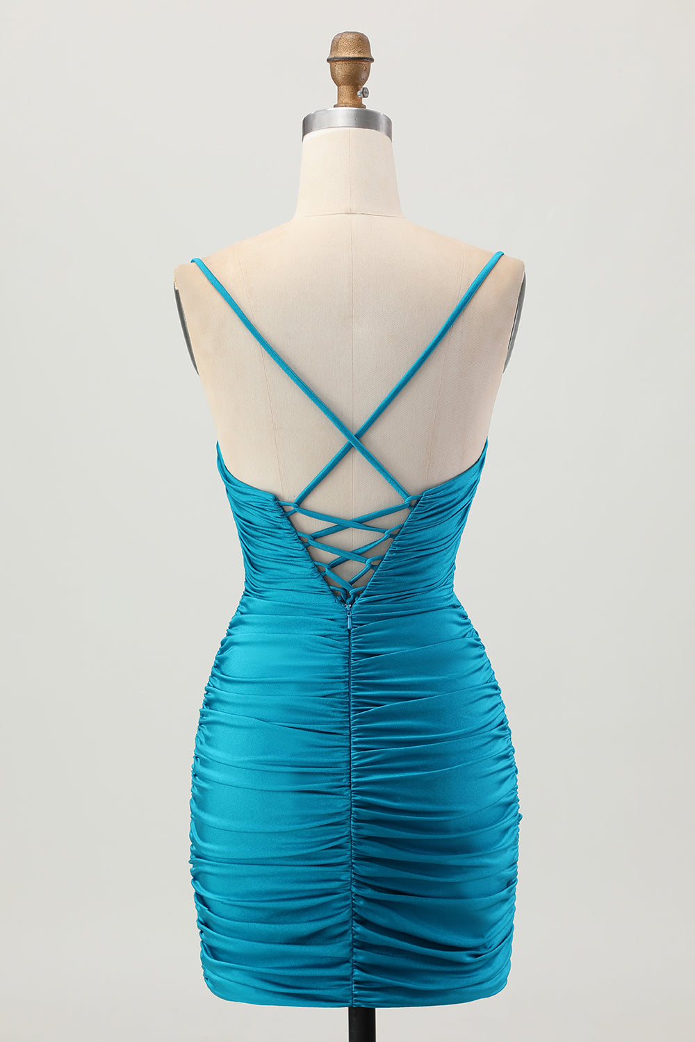 Blue Ruched Tight Spaghetti Straps Keyhole Short Homecoming Dress