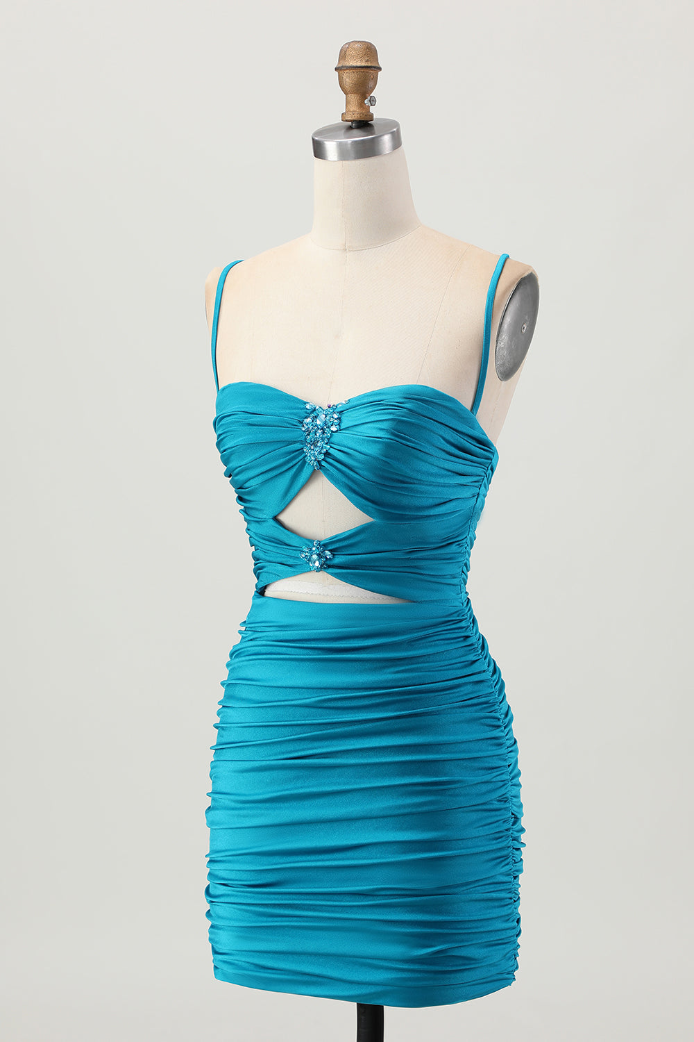 Blue Ruched Tight Spaghetti Straps Keyhole Short Homecoming Dress