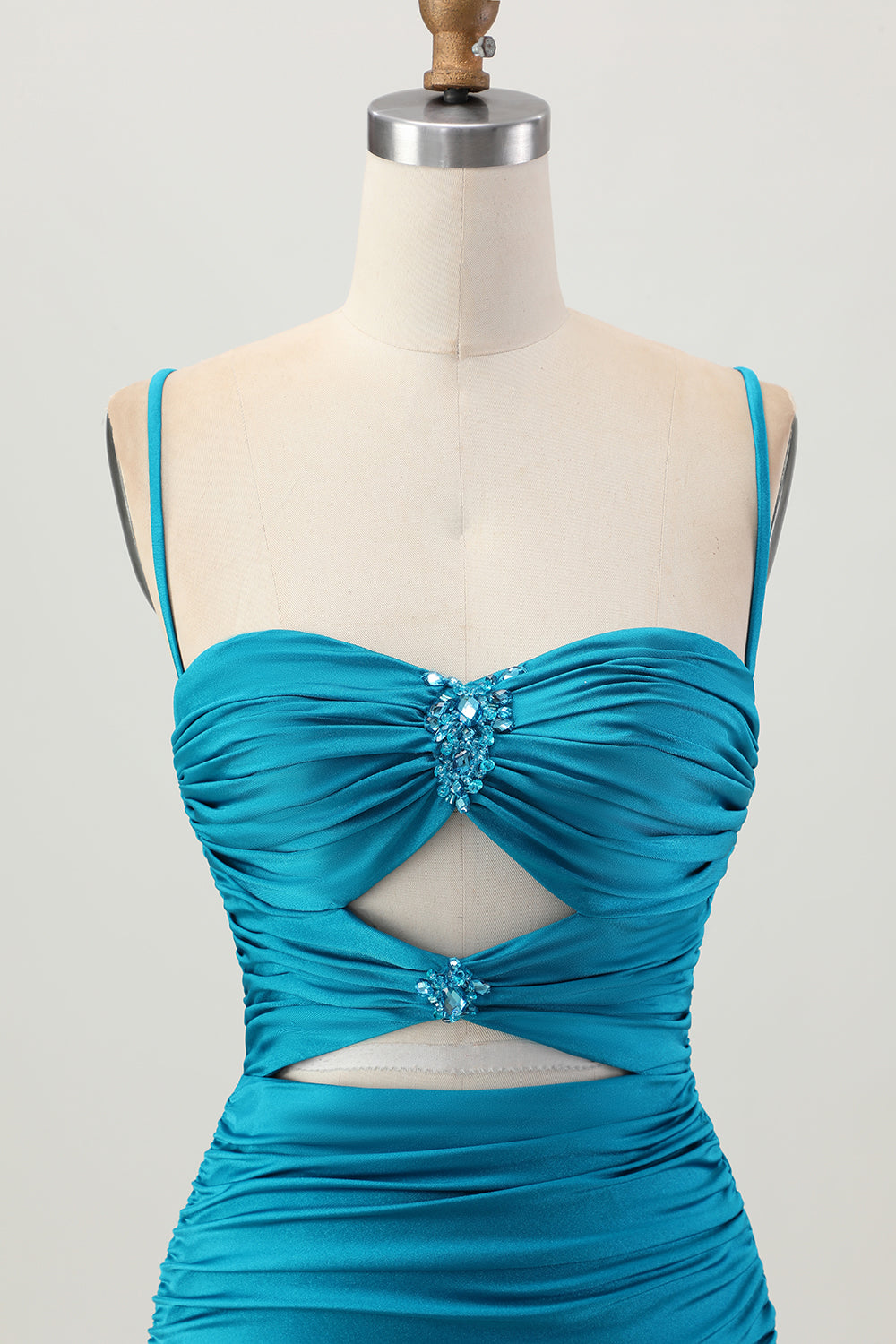 Blue Ruched Tight Spaghetti Straps Keyhole Short Homecoming Dress