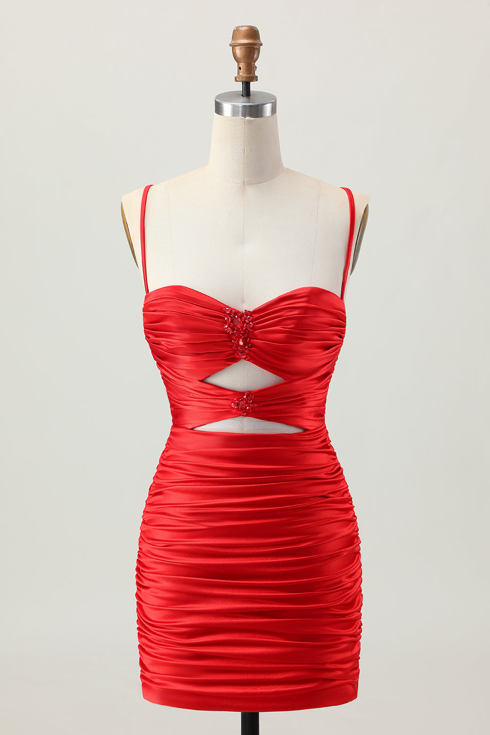 Sparkly Red Tight Ruched Spaghetti Straps Keyhole Short Homecoming Dress