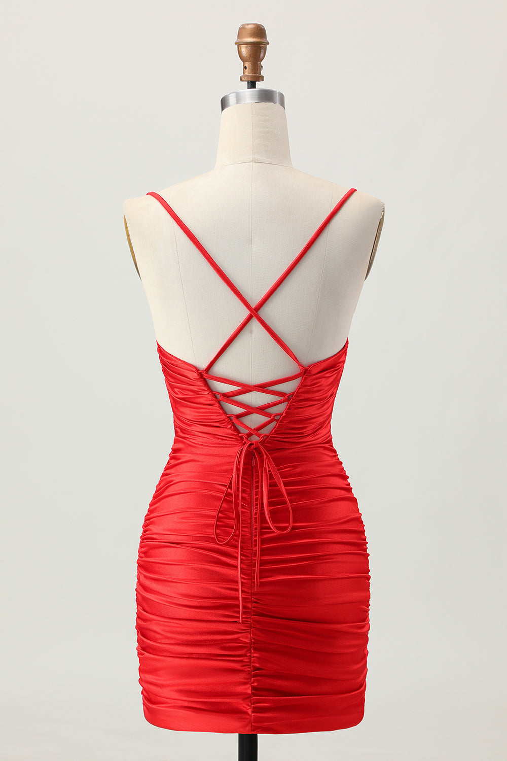 Sparkly Red Tight Ruched Spaghetti Straps Keyhole Short Homecoming Dress