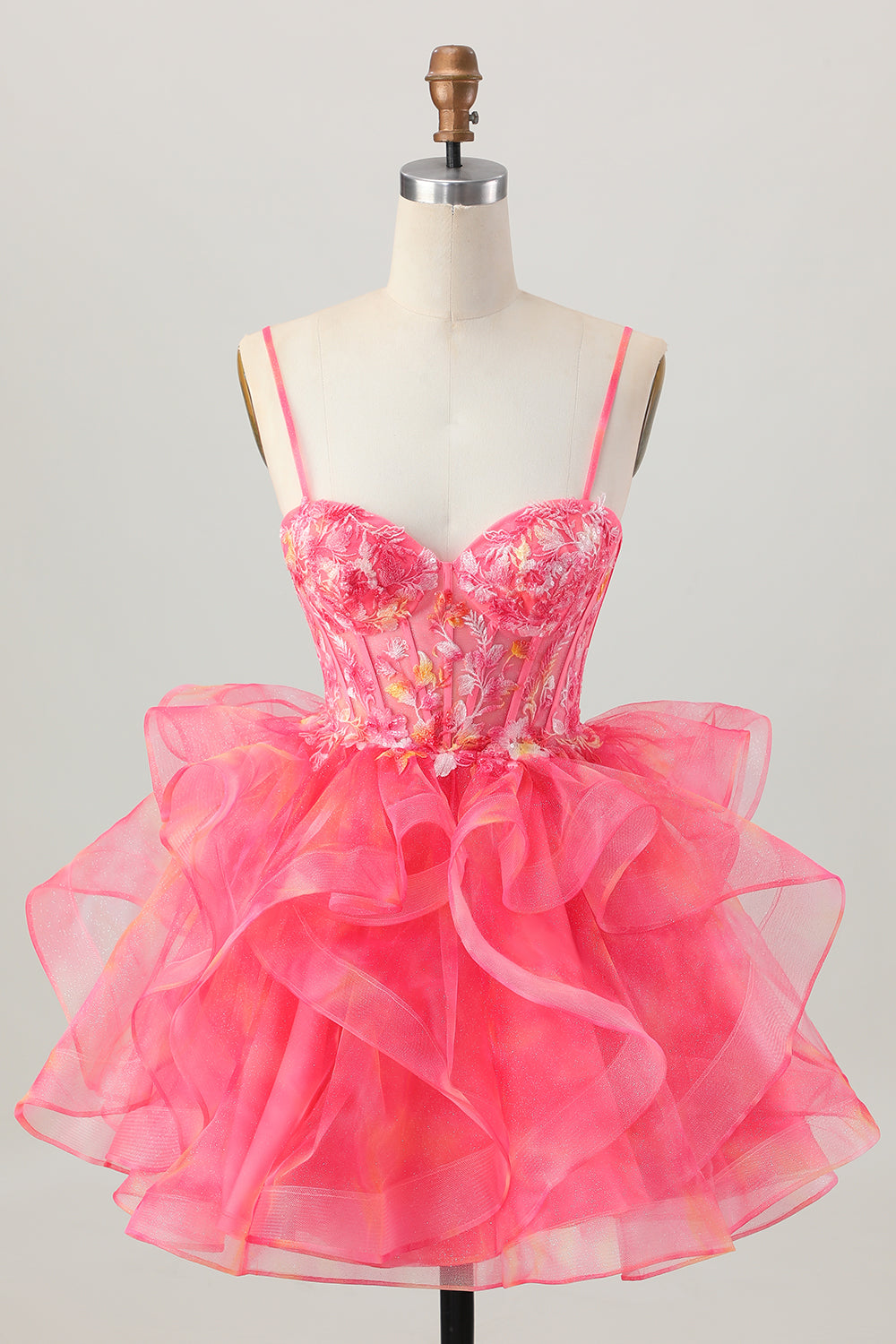 Leely Women Red Oranga Floral Corset Short Homecoming Dress with Ruffles Spaghetti Straps Tulle A Line Cocktail Dress with Appliques