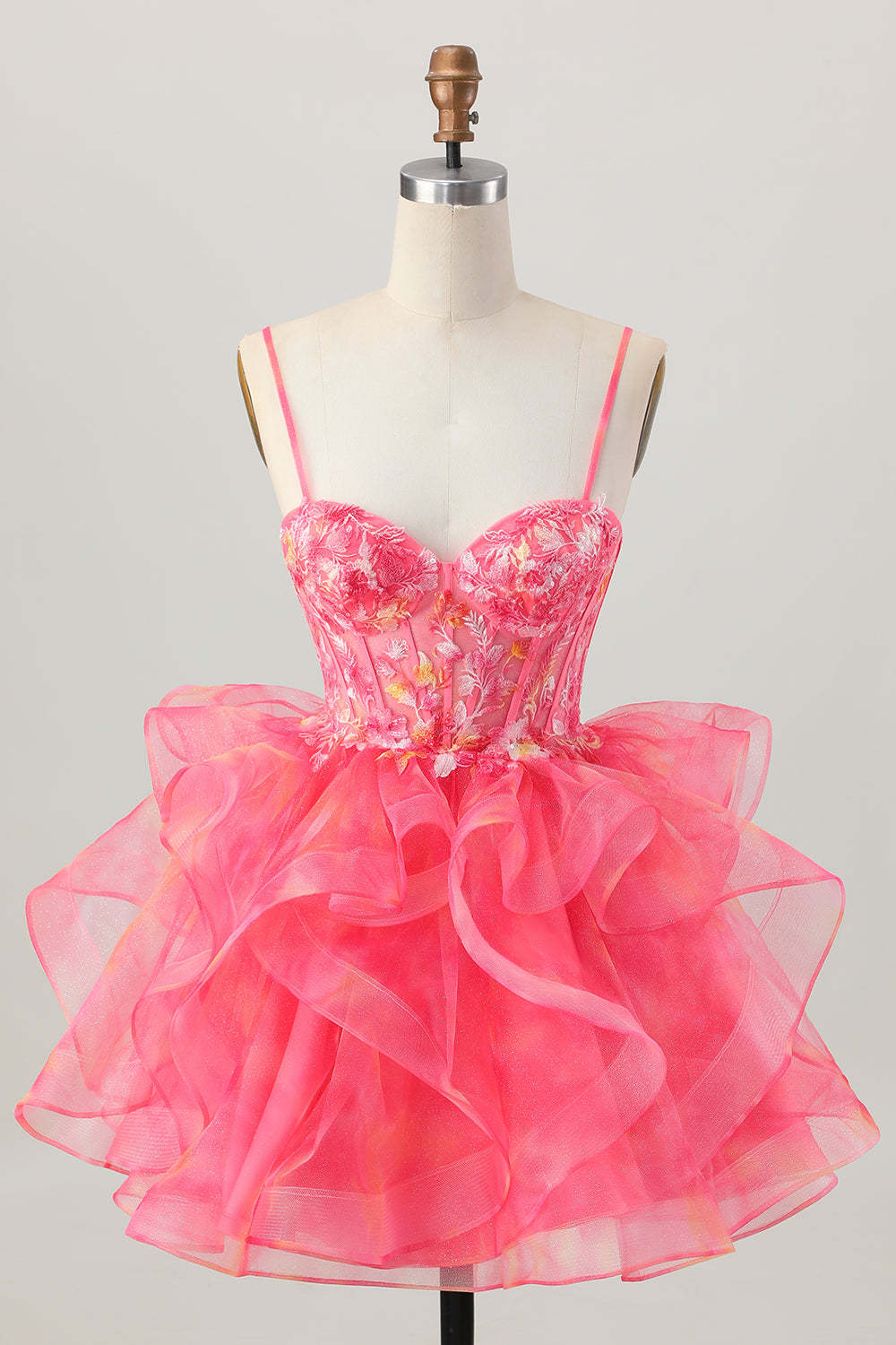 Leely Women Red Oranga Floral Corset Short Homecoming Dress with Ruffles Spaghetti Straps Tulle A Line Cocktail Dress with Appliques