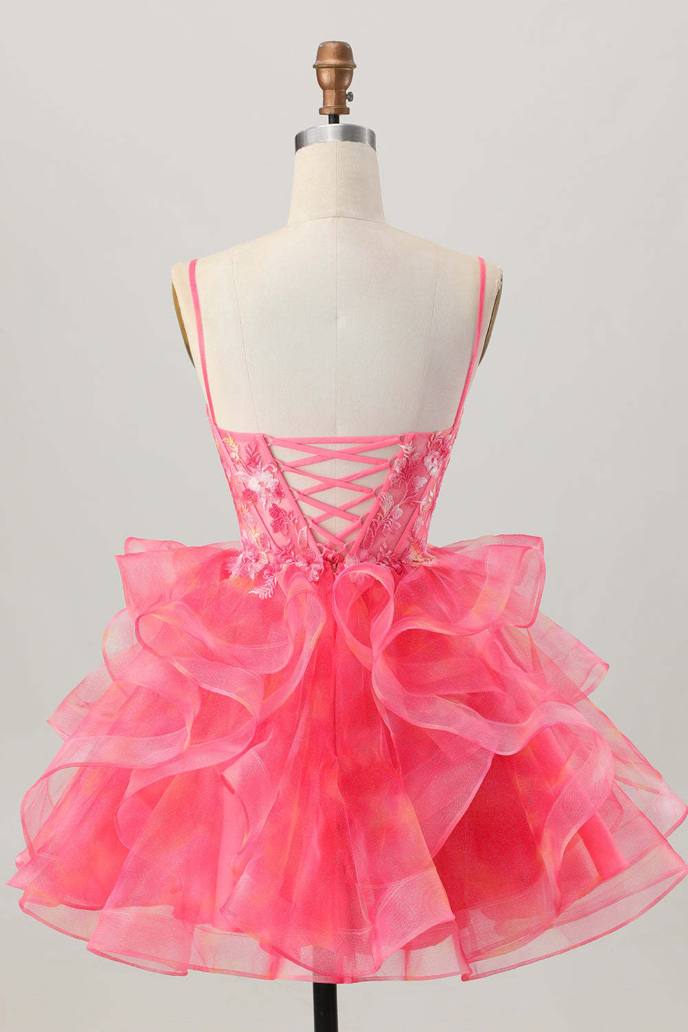 Red Oranga Corset Spaghetti Straps Floral Short Homecoming Dress with Ruffles