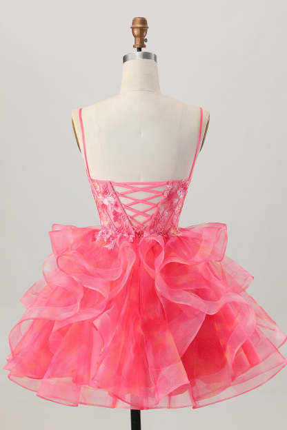 Red Oranga Corset Spaghetti Straps Floral Short Homecoming Dress with Ruffles