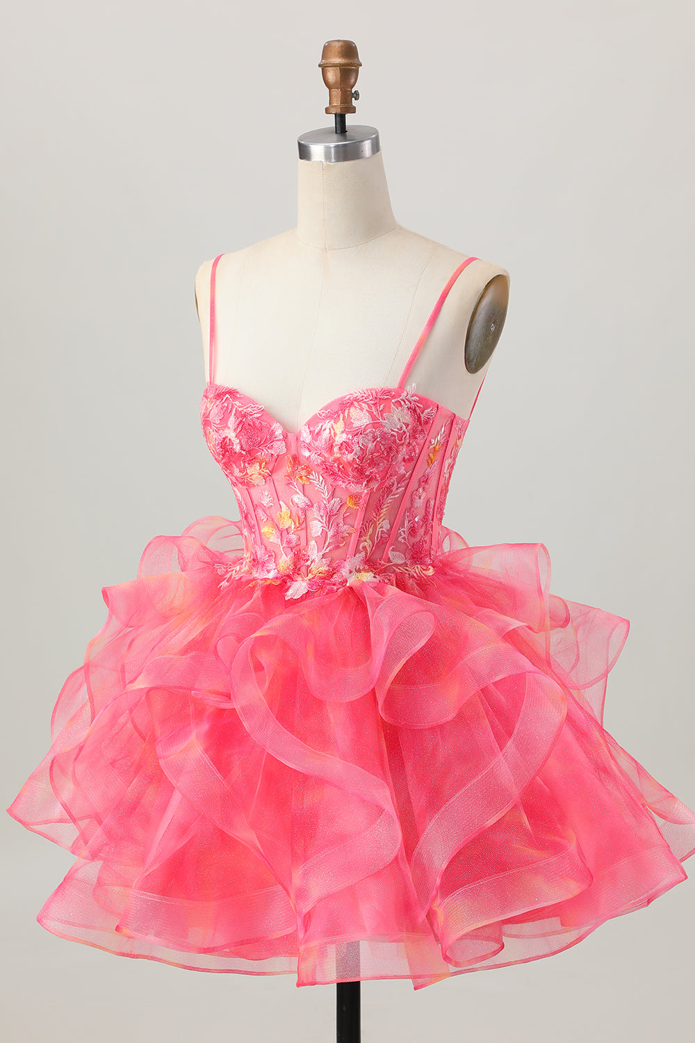 Red Oranga Corset Spaghetti Straps Floral Short Homecoming Dress with Ruffles