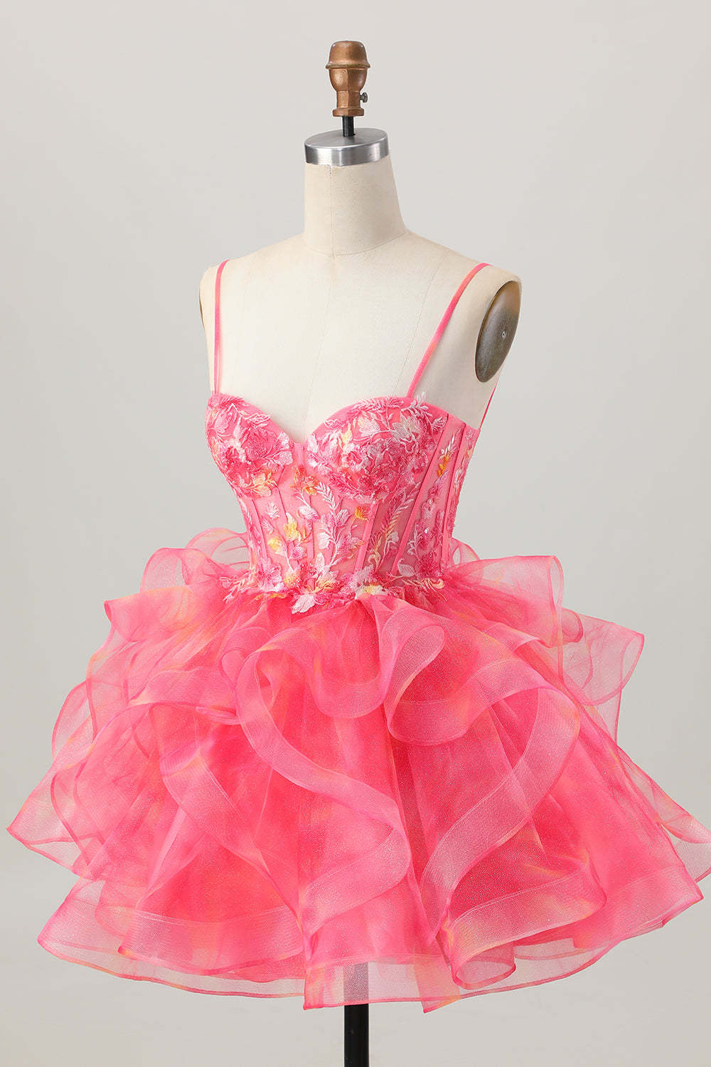 Red Oranga Corset Spaghetti Straps Floral Short Homecoming Dress with Ruffles