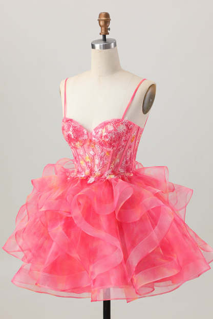 Red Oranga Corset Spaghetti Straps Floral Short Homecoming Dress with Ruffles