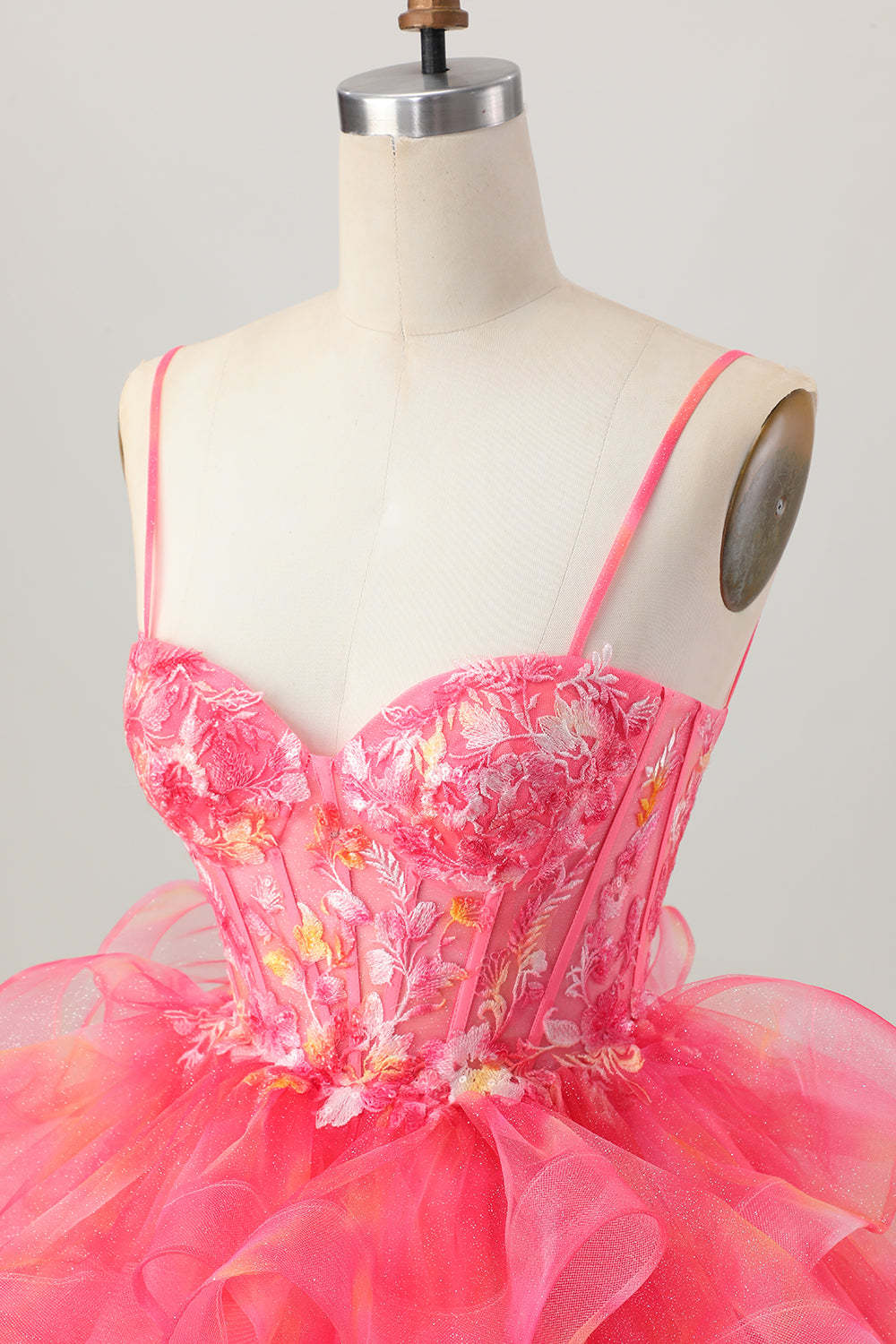 Red Oranga Corset Spaghetti Straps Floral Short Homecoming Dress with Ruffles