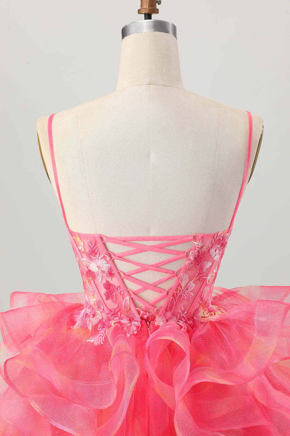 Red Oranga Corset Spaghetti Straps Floral Short Homecoming Dress with Ruffles