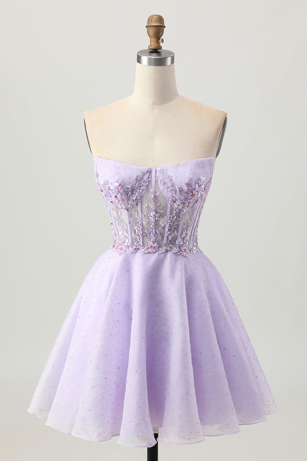 Leely Women Sparkly Lilac Corset Short Homecoming Dress with Beading Strapless A Line Tulle Lace Up Back Floral Cocktail Dress with Appliques