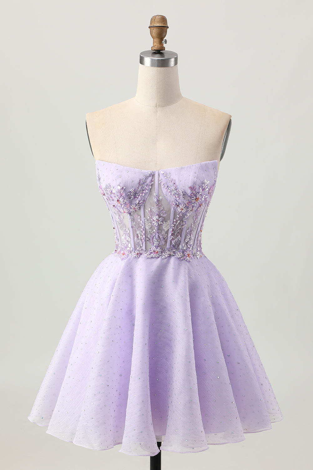 Leely Women Sparkly Lilac Corset Short Homecoming Dress with Beading Strapless A Line Tulle Lace Up Back Floral Cocktail Dress with Appliques