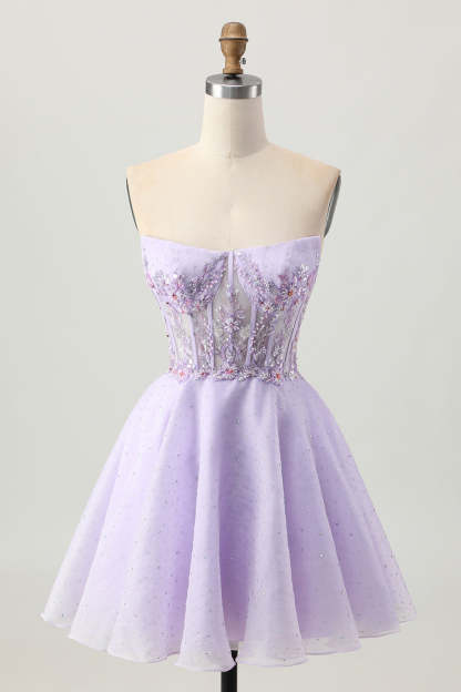 Leely Women Sparkly Lilac Corset Short Homecoming Dress with Beading Strapless A Line Tulle Lace Up Back Floral Cocktail Dress with Appliques