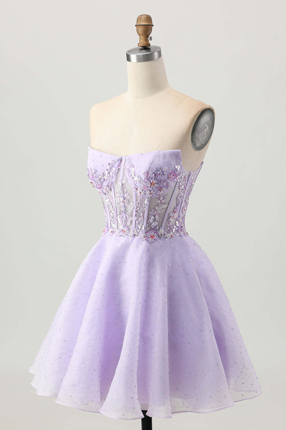 Sparkly Beaded Lilac Strapless Corset Short Homecoming Dress with Apppliques