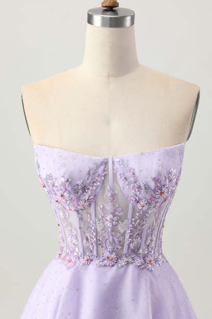 Sparkly Beaded Lilac Strapless Corset Short Homecoming Dress with Apppliques