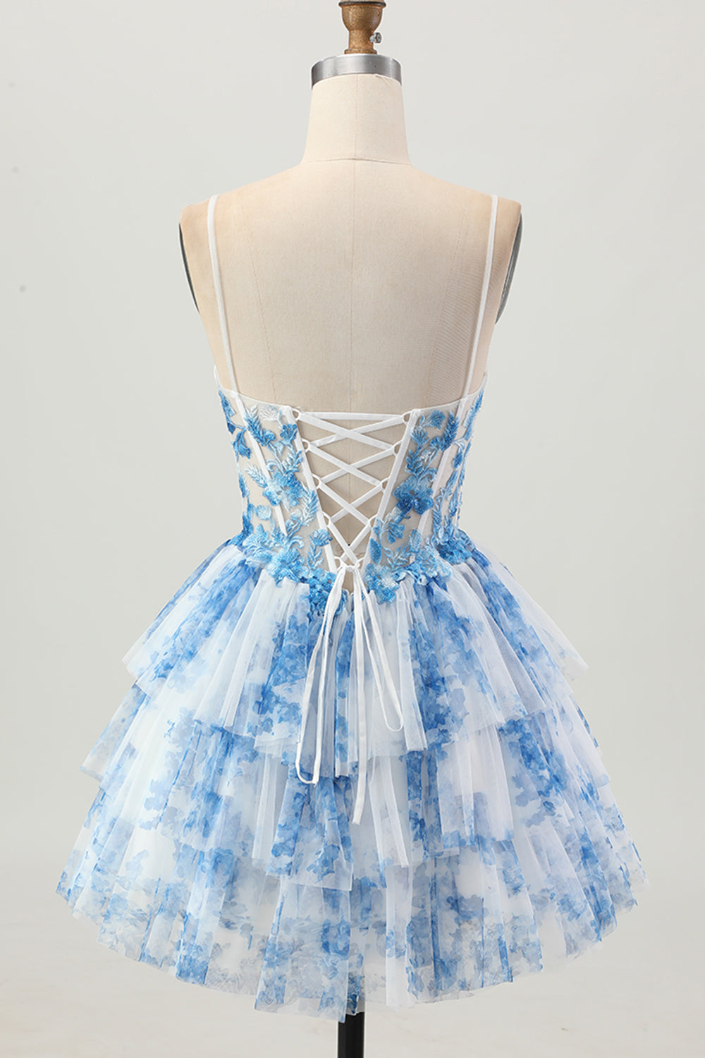 White Blue Corset Tiered Spaghetti Straps Short Homecoming Dress with Flowers