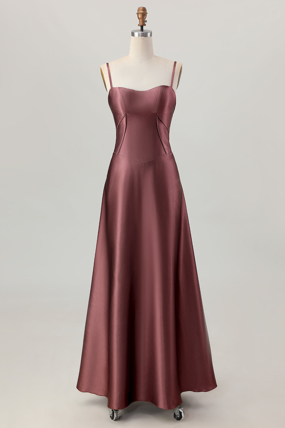 Satin A Line Coffee Corset Lace Up Back Maxi Bridesmaid Dress