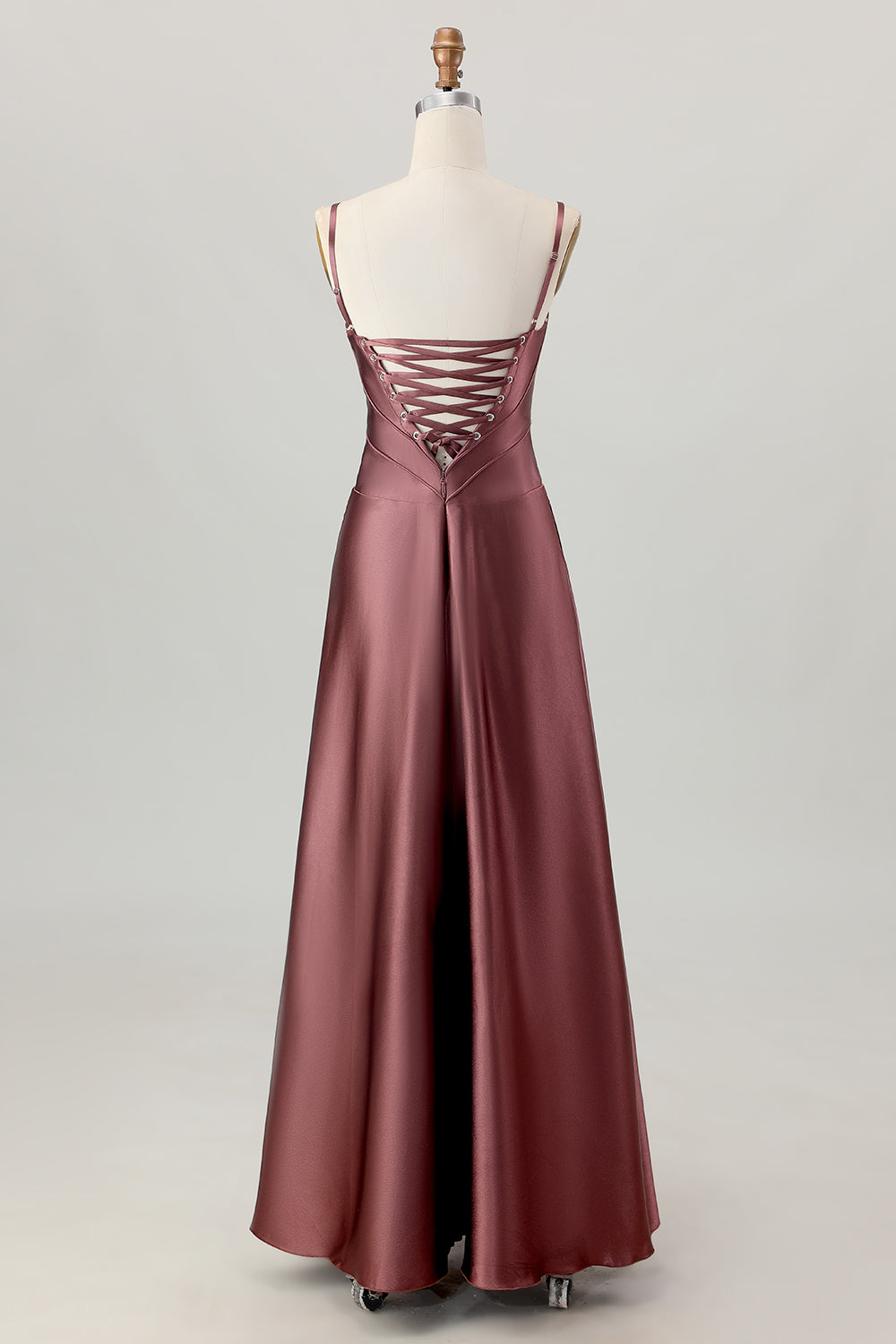 Satin A Line Coffee Corset Lace Up Back Maxi Bridesmaid Dress