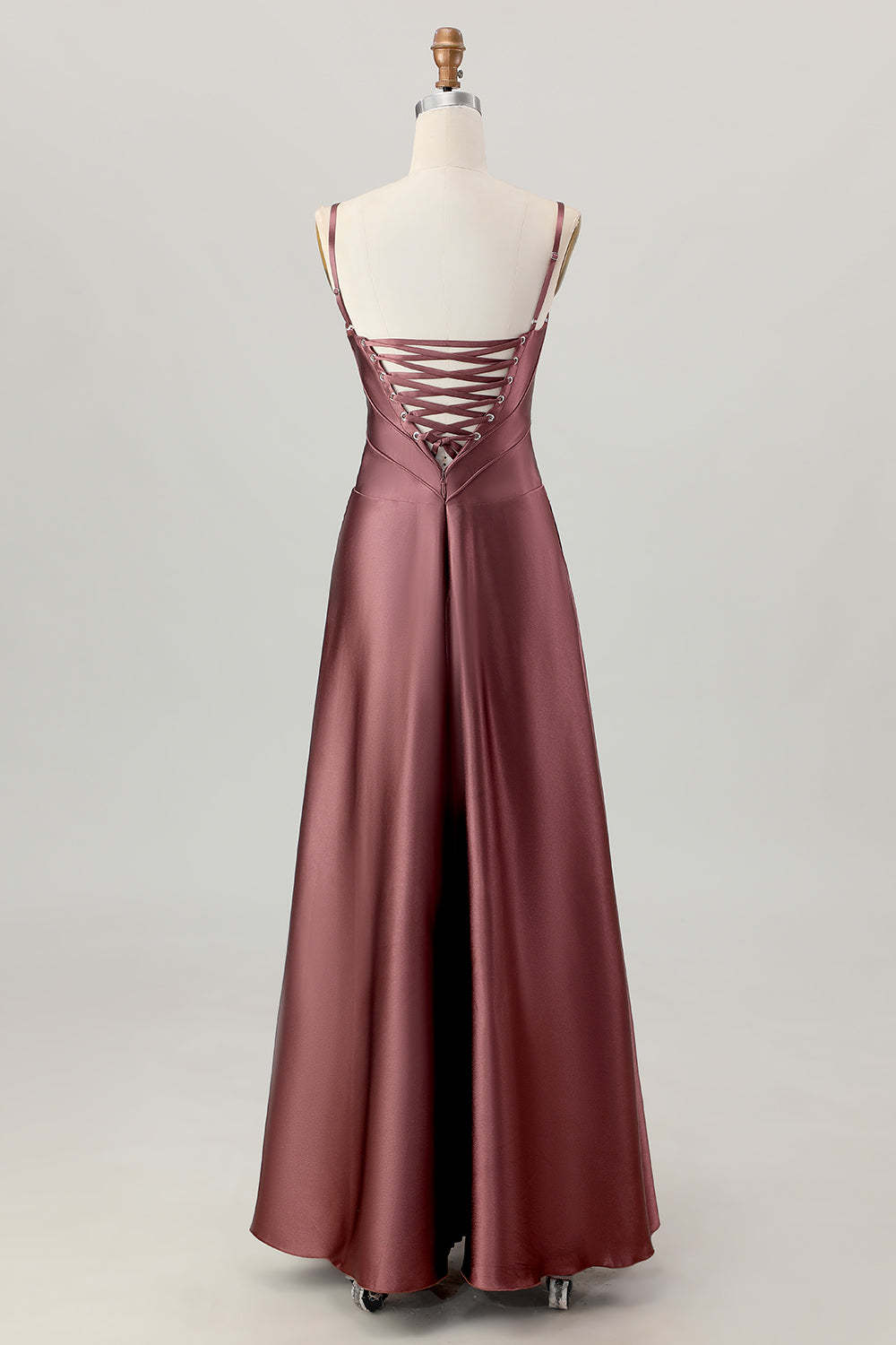 Satin A Line Coffee Corset Lace Up Back Maxi Bridesmaid Dress